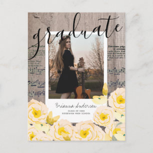 Sheet Music Boho Floral Wood Photo Graduation Announcement Postcard