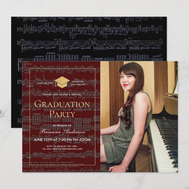 Sheet Music Burgundy Photo Virtual Graduation Invitation (Front/Back)