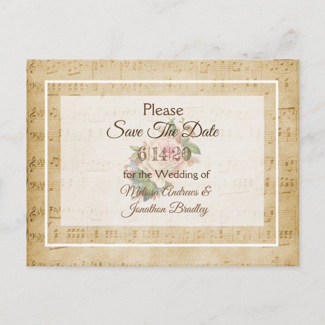 Sheet Music Pink rose Save the Date Postcard (Front)