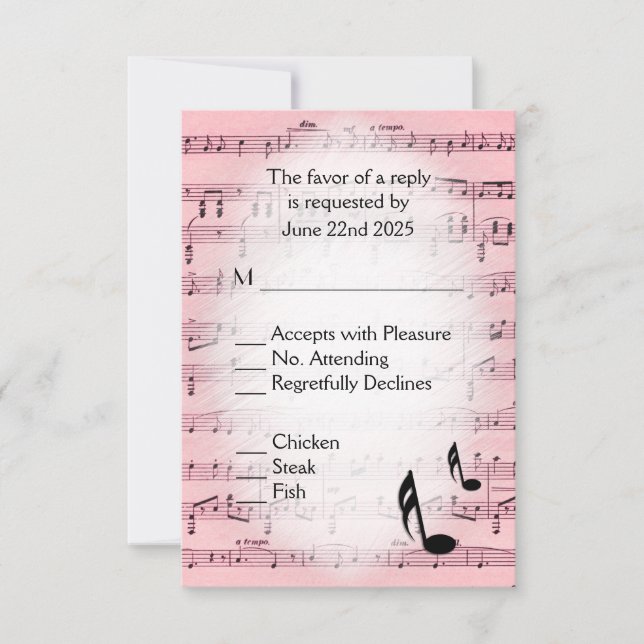 Sheet Music Pink RSVP Menu Choice (Front)