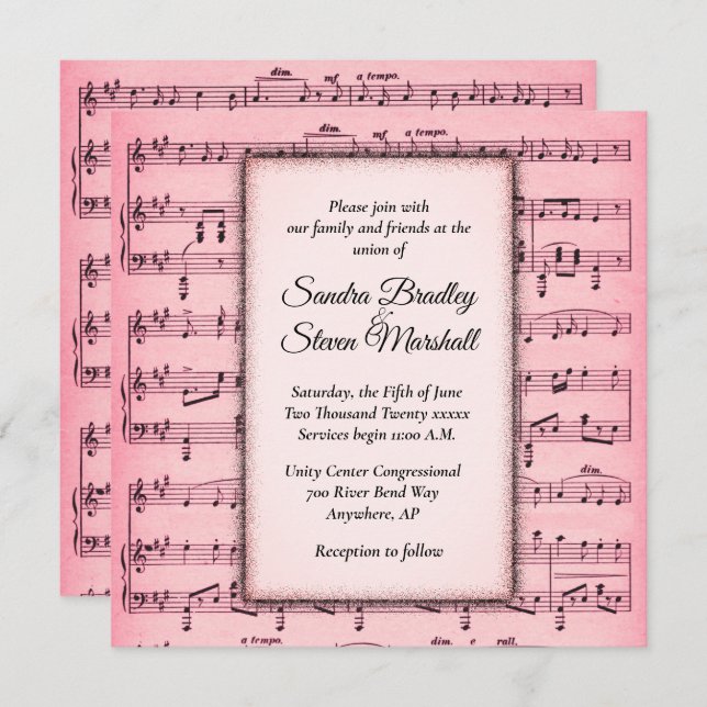 Sheet Music Pink Wedding Invitation (Front/Back)