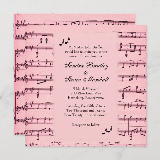 Sheet Music Pink Wedding Invitation (Front/Back)