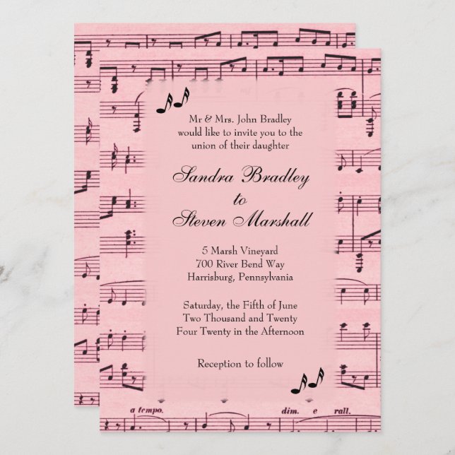 Sheet Music Pink Wedding Invitation (Front/Back)