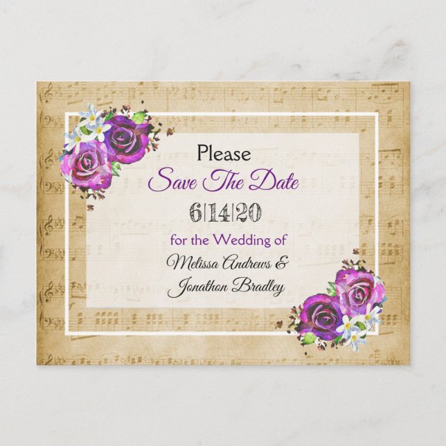 Sheet Music Purple Rose Save the Date Postcard (Front)