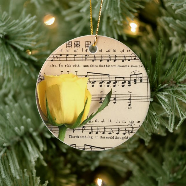 Sheet Music Yellow Rose Ceramic Ornament (Tree)