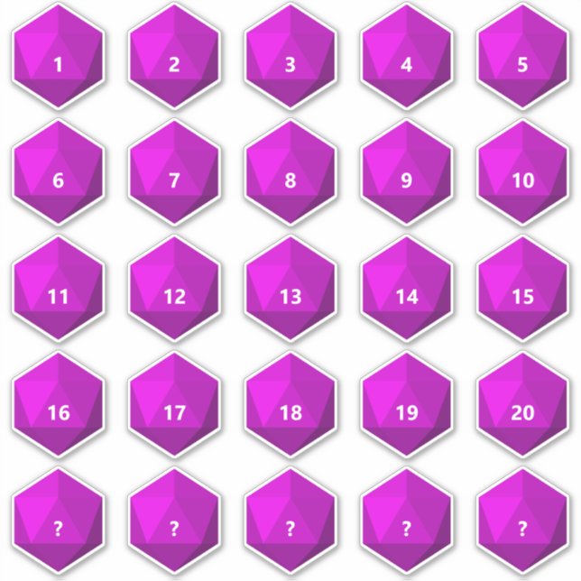 Sheet of 25 Custom Text D20 Die | Magenta Template (Front)