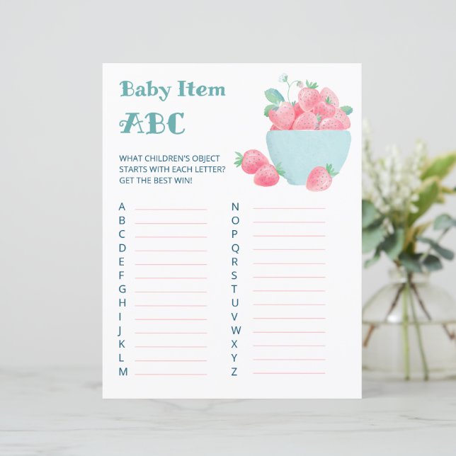 Sheet of baby shower game cute strawberries. (Standing Front)