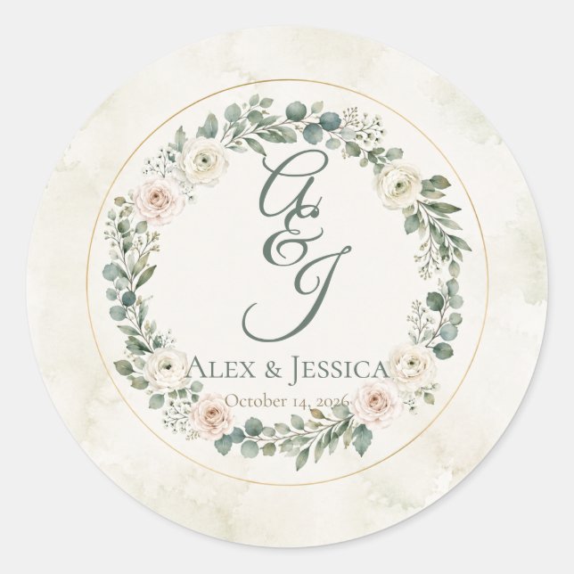 Sheet: Personalized Botanical Wedding Envelope  Classic Round Sticker (Front)