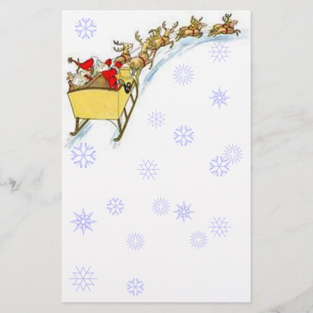 Sheetpaper Vintage Santa Flying Reindeer Sleigh! Stationery (Front)