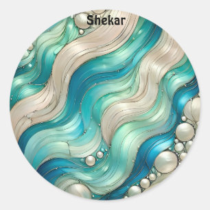 SHEKAR ~ SHINY Blue White Abstract ~  Classic Round Sticker