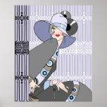 Shelby, 1920s Art Deco Lady in Mauve and Grey Poster<br><div class="desc">Shelby is seated in front of and next to a beautiful set of art deco ironwork fences. She wears a simple hat,  pulled down over one eye,  and a colourful dress and jacket with matching jewellery.</div>