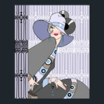 Shelby, 1920s Art Deco Lady in Mauve and Grey Poster<br><div class="desc">Shelby is seated in front of and next to a beautiful set of art deco ironwork fences. She wears a simple hat,  pulled down over one eye,  and a colourful dress and jacket with matching jewellery.</div>