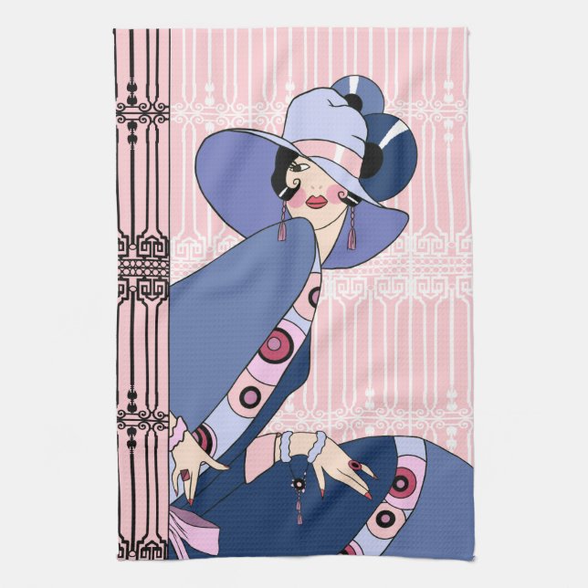 Shelby, 1920s Art Deco Lady in Pink and Blue Kitchen Towel (Vertical)