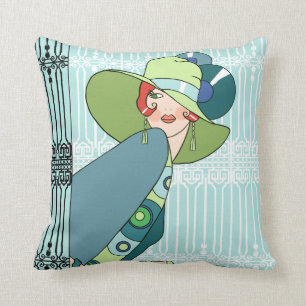 Shelby, 1920s Lady in Aqua and Teal Throw Pillow