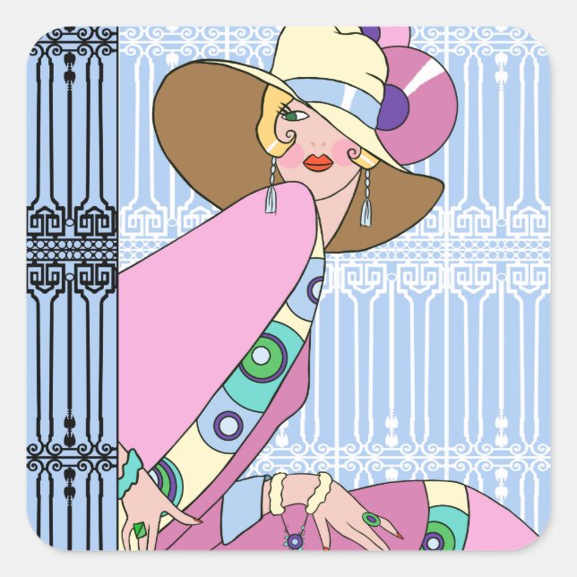 Shelby, 1920s Lady in Blue and Pink Square Sticker (Front)