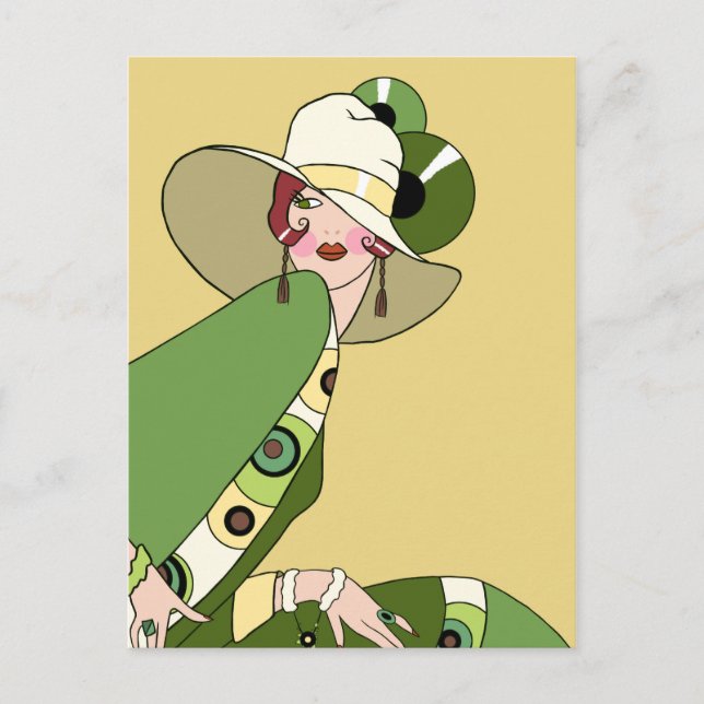 Shelby, 1920s Lady in Yellow and Olive Postcard (Front)