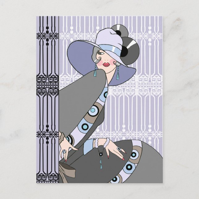 Shelby, 1930s Lady in Mauve and Grey Postcard (Front)