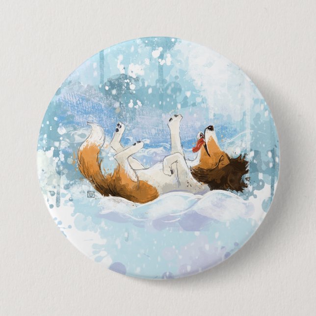 Sheldon the Sheltie Plays in the Snow 3 Inch Round Button (Front)