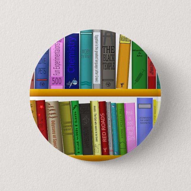 shelf books library reading 2 inch round button (Front)