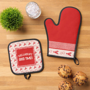 Shell-abrate Good Times Casual Seafood Gingham Oven Mitt & Pot Holder Set