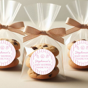 She'll Be Here Soon Pink Sea Shells Baby Shower Classic Round Sticker