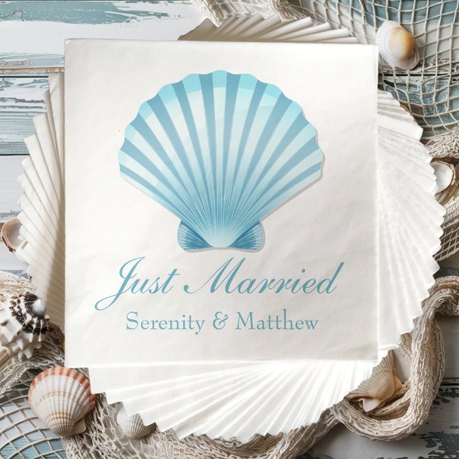 Shell Beach Blue Nautical Just Married Wedding Napkin (Creator Uploaded)