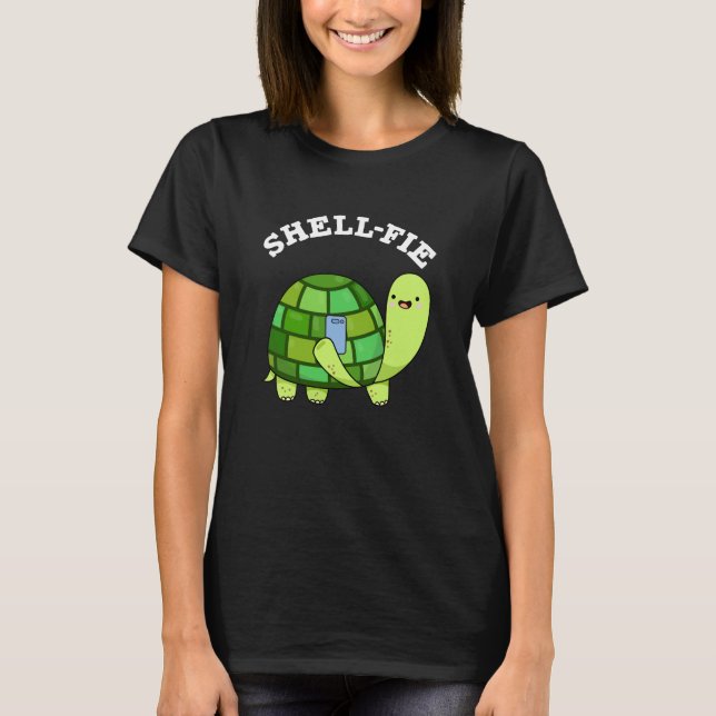 Shell-fie Funny Tortoise Selfie Pun Dark BG T-Shirt (Front)