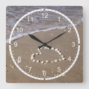Shell Heart on Sand Beach Square Wall Clock