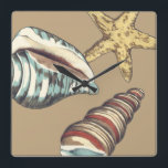 Shell Trio on Khaki Square Wall Clock<br><div class="desc">Megan Meagher is known for her simple art pieces. This is a great image of decorative art capturing the sea life with a yellow starfish and a blue and red conch shell. Get this fine art print today on Khaki colour on your Zazzle product.</div>