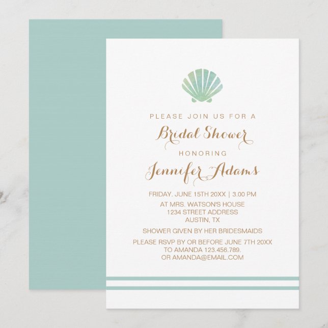 Shell Watercolor Aqua Bridal Shower Invitation (Front/Back)