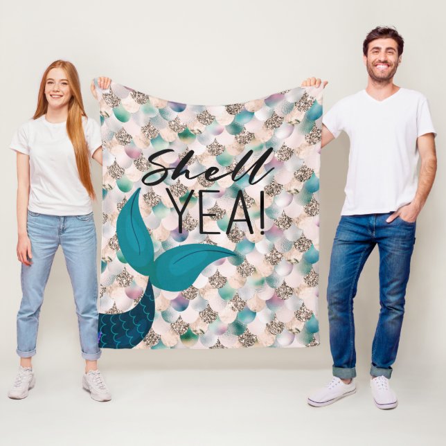 Shell Yea Teal & Gold Glam Mermaid Tail & Scales Fleece Blanket (In Situ)