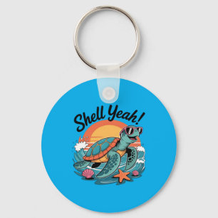 Shell Yeah Cute Turtle Ocean Beach Pun Summer Keychain