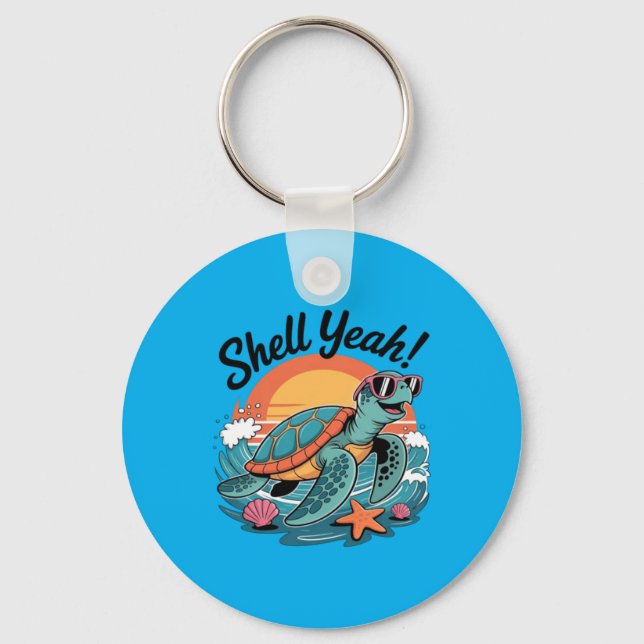 Shell Yeah Cute Turtle Ocean Beach Pun Summer Keychain (Front)