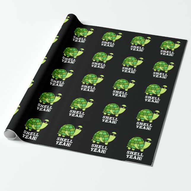Shell Yeah Funny Tortoise Pun Dark BG Wrapping Paper (Unrolled)