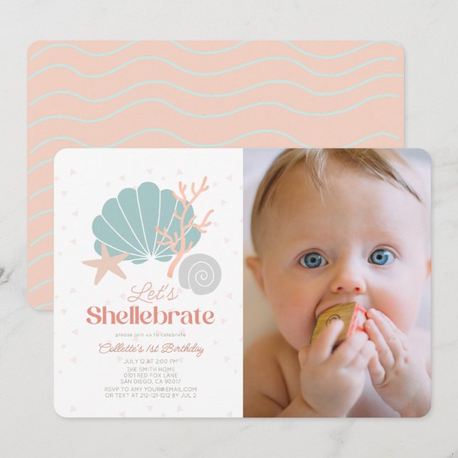 Shellebrate Seashell Retro Pink Photo 1st Birthday Invitation (Front/Back)