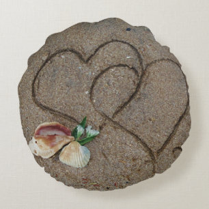 shells & 2 hearts on beach custom wedding pillow