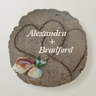 shells & 2 hearts on beach custom wedding pillow