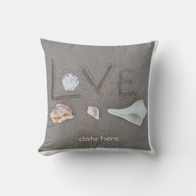 shells & 2 hearts on beach custom wedding pillow (Front)