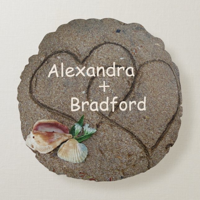 shells & 2 hearts on beach custom wedding pillow (Front)