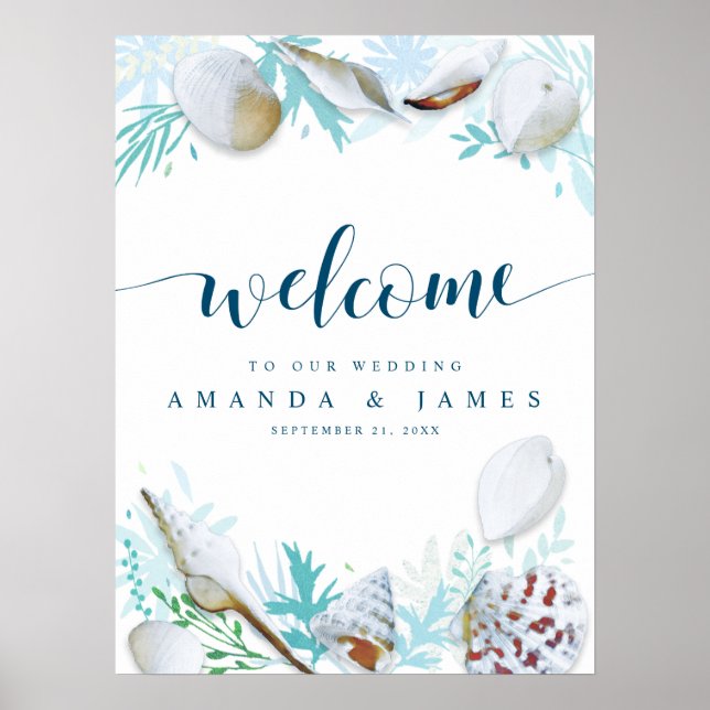 Shells and Calligraphy Blue Beach Wedding Welcome Poster (Front)