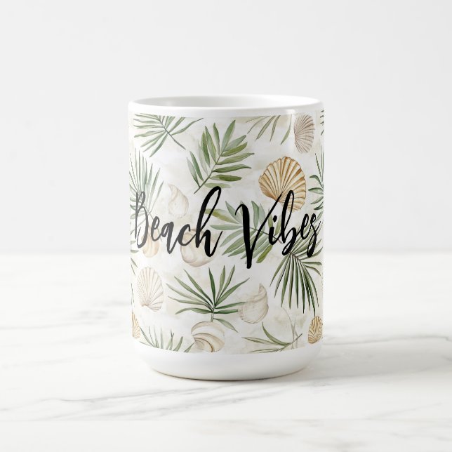 Shells Beach Green Palm Tree Leaves Coffee Mug (Center)