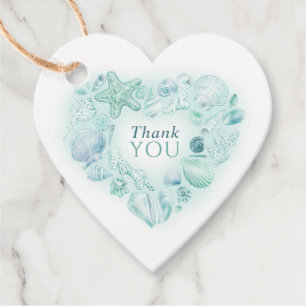 Shells heart art thank you beach aqua wedding favour tags