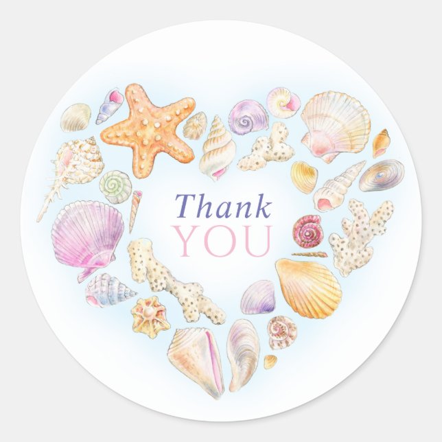 Shells heart art thank you beach wedding classic round sticker (Front)