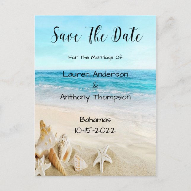 Shells On The Beach Wedding Save The Date Postcard (Front)