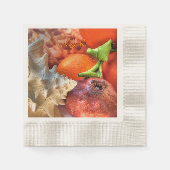 Shells, Pomegranate, Oranges, Monogram still-life Napkin (Front)