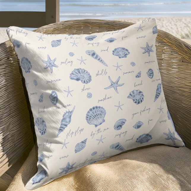 Shells Starfish Sun Fun Text Blue ID918  Throw Pillow (Creator Uploaded)