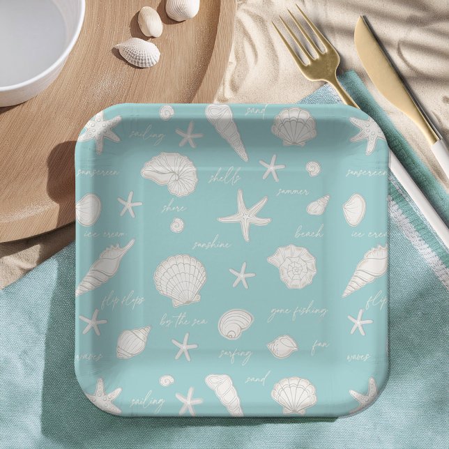 Shells Starfish Sun Fun Text Ivory ID918  Paper Plate (Creator Uploaded)