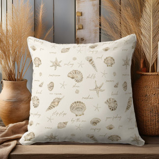 Shells Starfish Sun Fun Text Sandstone ID918  Throw Pillow