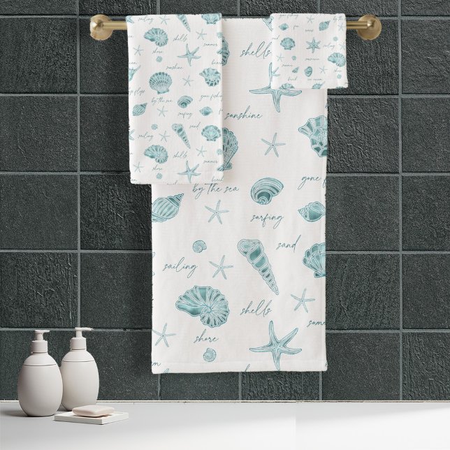 Shells Starfish Sun Fun Text Teal ID918  Bath Towel Set (Creator Uploaded)