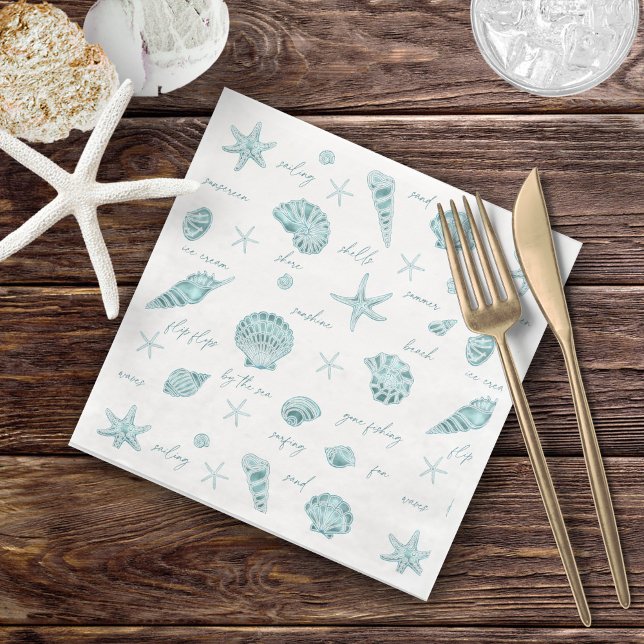 Shells Starfish Sun Fun Text Teal ID918  Napkin (Creator Uploaded)